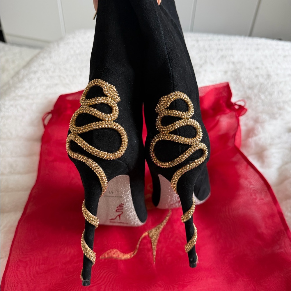 Rene Caovilla Black Suede Ankle Boots with Gold Crystal Serpent - Picture 6 of 8